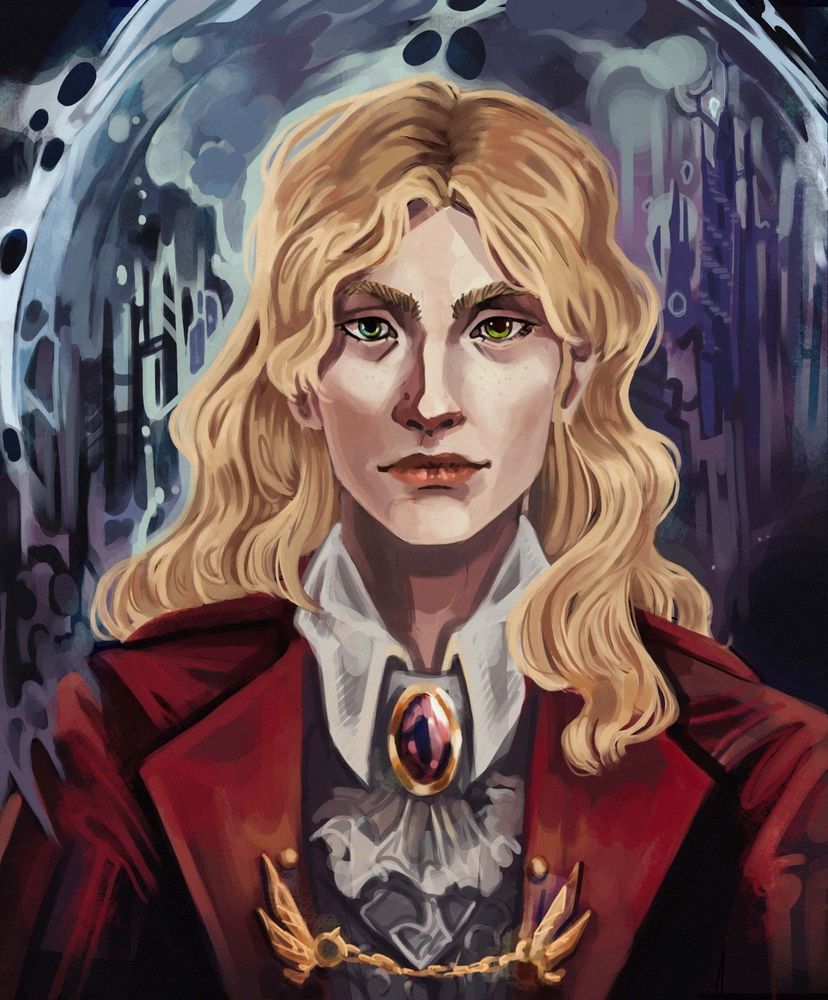 Digital illustration, portrait of my OC Eishan : a woman in her 20's with a neutral, if a little tired, expression. She has green eyes, golden wavy hair, white skin. She's wearing a collared white shirt and a red coat.