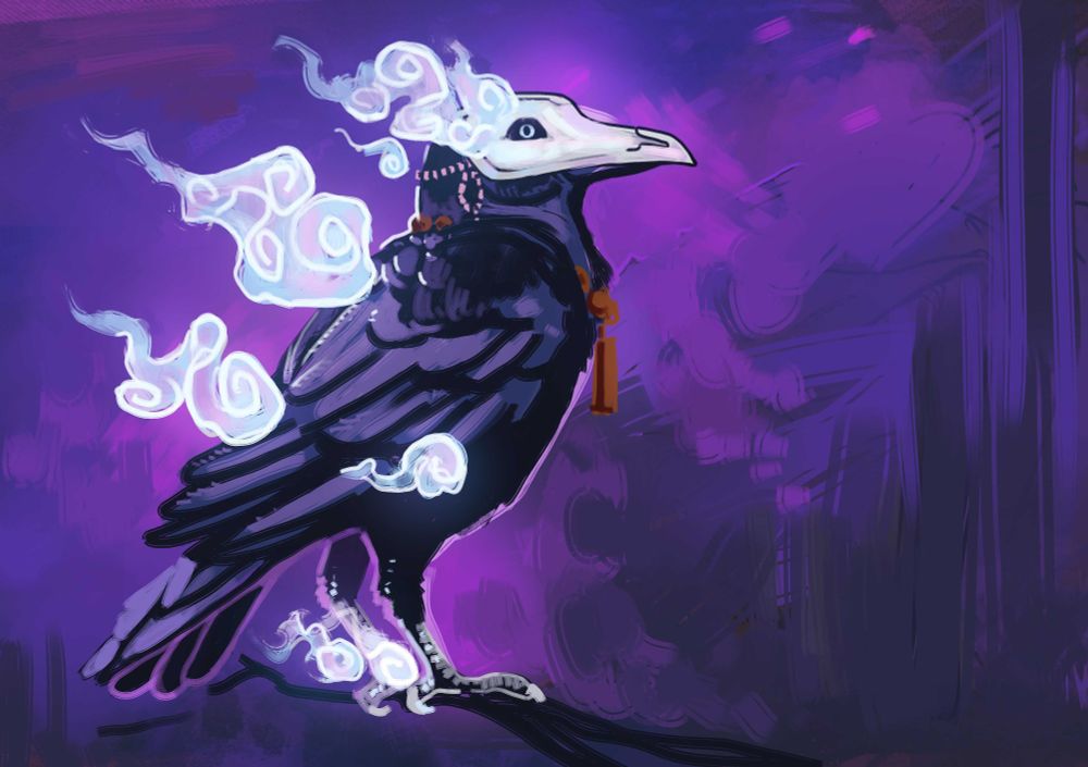 Artfight painterly sketch of a crow with a white mask and wisps of magic around their head, wings, and legs.