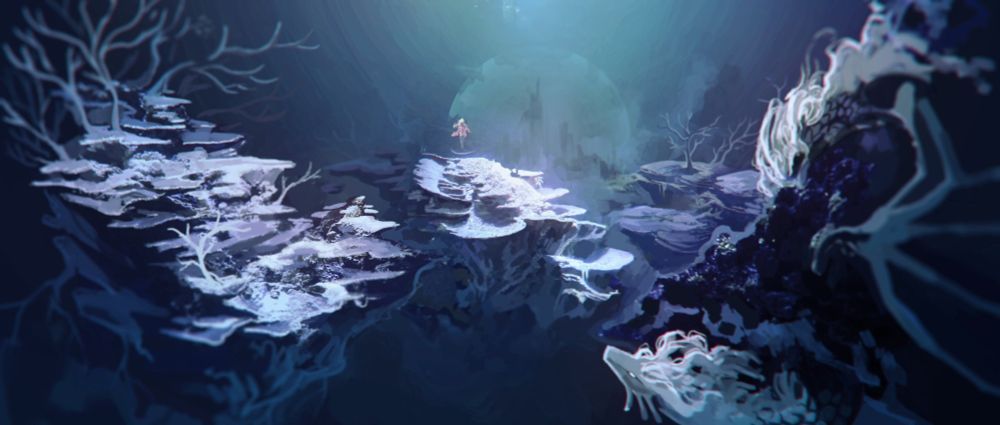 Concept art of the Abyss, a setting from my book. Giant reef-like formations float in the endless dark-blue of starless space. Pale, petrified trees branch off in different directions. A serpentine dragon-like creature hides on the right, and a tiny character in a red coat is levitating above the central reef. Far away, barely visible because of the atmosphere, is the silhouette of a stronghold.