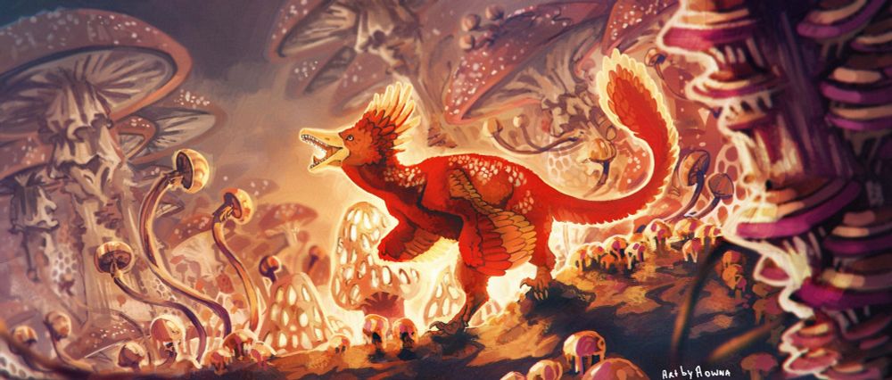 Digital painting (commission) of a mushrooms forest with all kinds of different shrooms, all within a warm sunset-y color palette. In the center is a tro-odon (bird-y looking dinosaur) with red, orange, and yellow feathers.