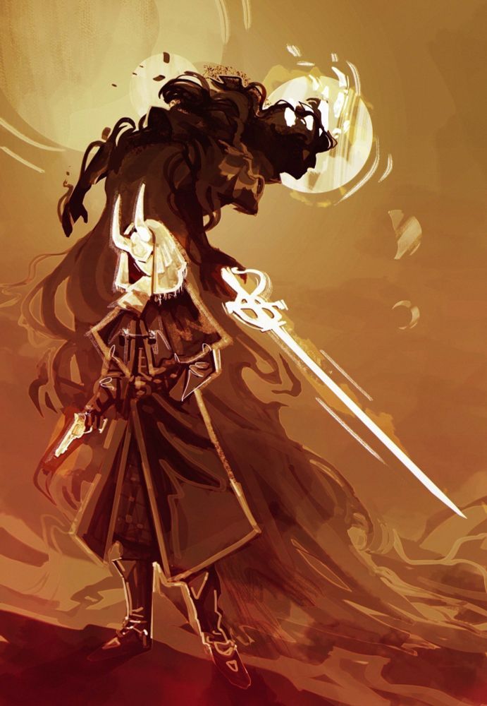 Illustration for my book TTFOD, featuring a person in a duster and a horned mask, holding a revolver. Behind them is a creature of shadows with a vaguely humanoid shape, a broken crowd, a halo, and a sword of pure radiant light.