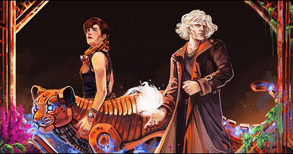 Illustration for my book GOR, featuring its two main characters (a sister and a brother), as well as a metallic tiger automaton.