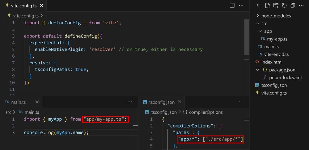 Picture of VS Code with an open minimal Vite project. The Vite config only sets `experimental.enableNativePlugin` to "resolver" with a comment saying "// or true, either is necessary", and "resolve.tsconfigPaths" to true.

The tsconfig.json has `compilerOptions.paths` set to `{ "app/*": ["./src/app/*"]`. Eventually, the path resolution is used automatically (wtih autocomplete too!) in src/main.ts when using `import { App } from "app/my-app.ts`, instead of `import { App } from "./src/app/my-app.ts"`!
