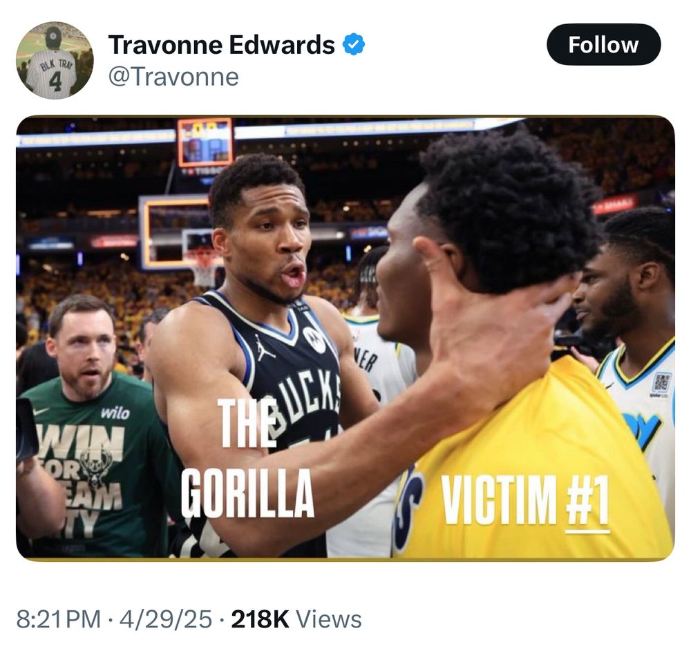 Meme of Giannis and another player that reference another meme of 100 men vs a gorilla 
