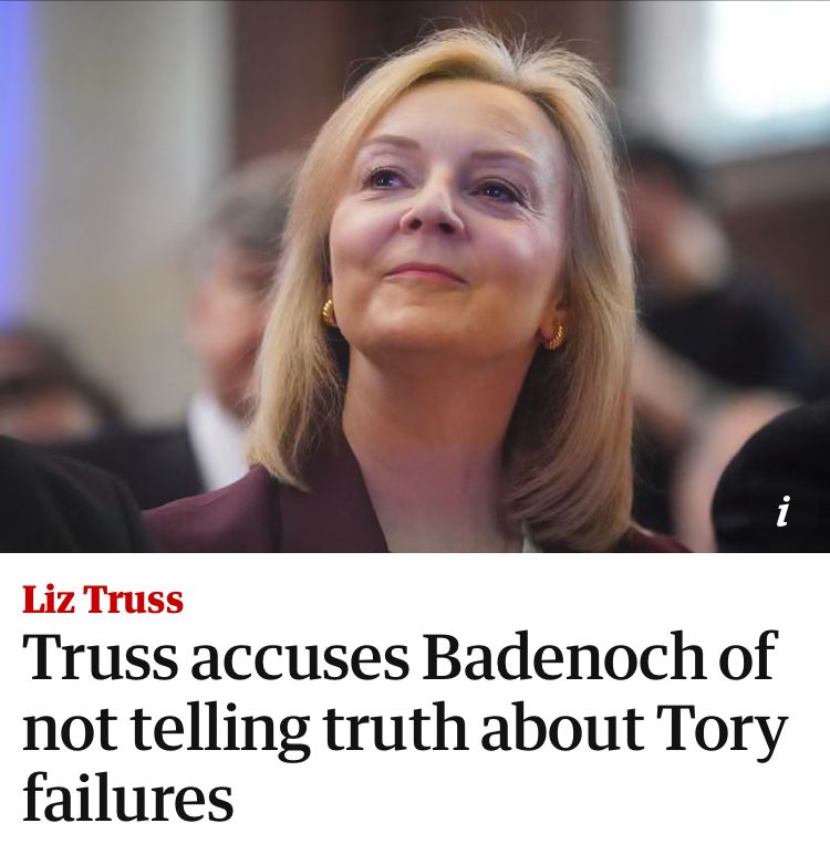 A smiling, gormless Truss over the headline: 
Truss accuses Badenoch of not telling truth about Tory failures