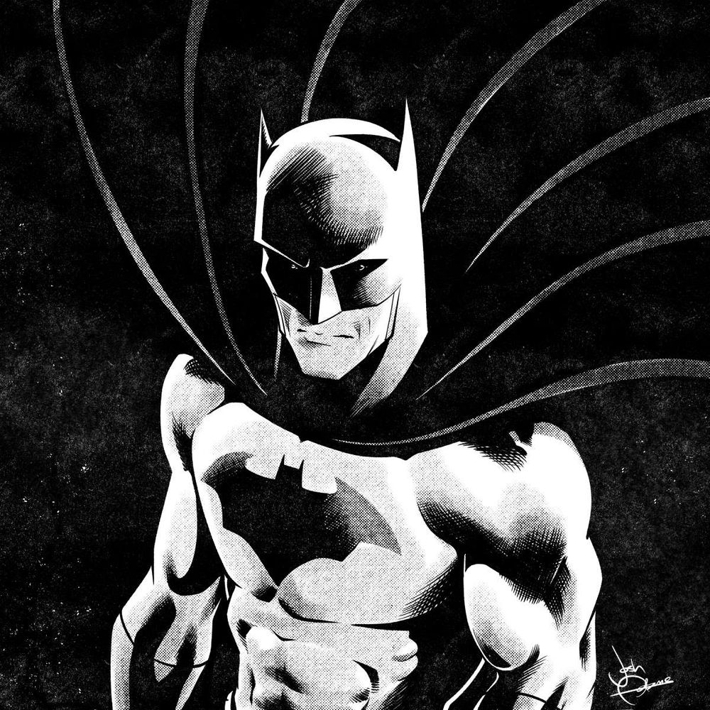 Illustration of Batman with dark eyes.