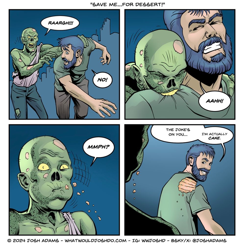 Comic about a zombie biting a man only to discover he was cake.