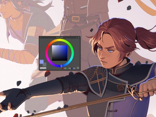 wip drawing of Maelle from Clair Obscur Expedition 33 holding a rapier. Lune and Sciel can also be seen in the background.