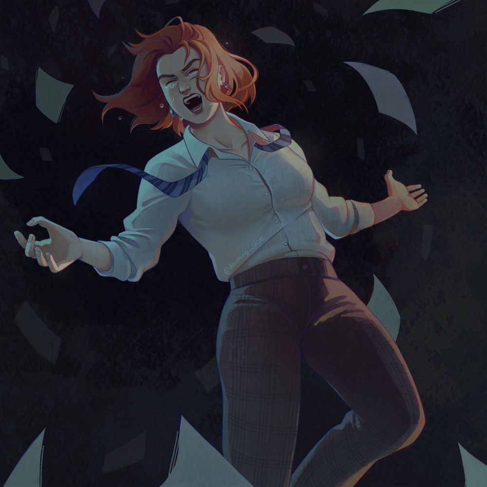 fanart of the chappell roan subway music video. she is singing with tears on her face, while a fierce wind storm surrounds her. papers are whipped up by the storm flying around her.