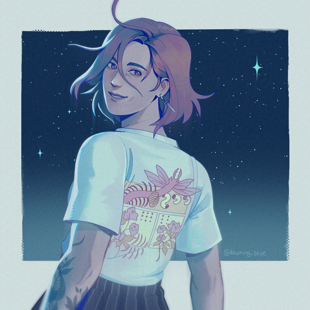 digital illustration: it's just me looking behind my shoulder while standing in front of a starry sky