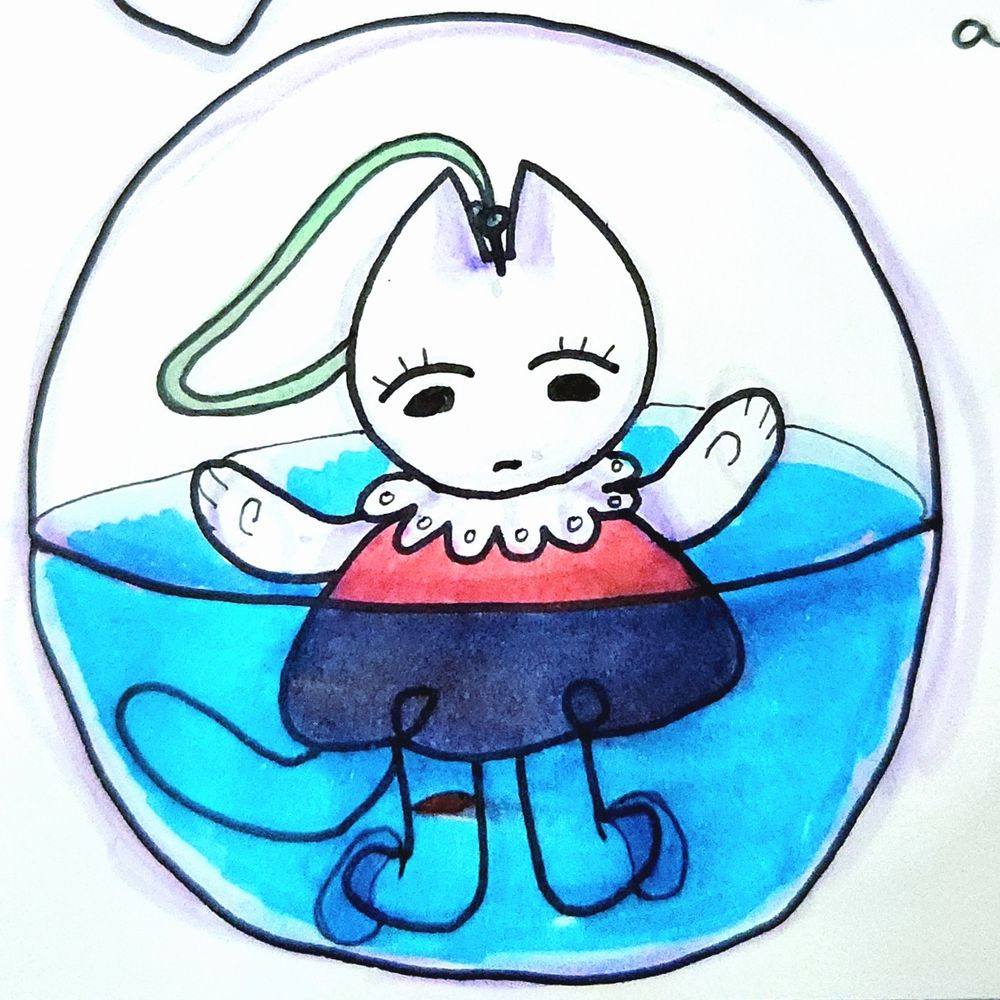 a white cat in a pink dress, with a green loop coming from its head. it is trapped inside a gachapon capsule.