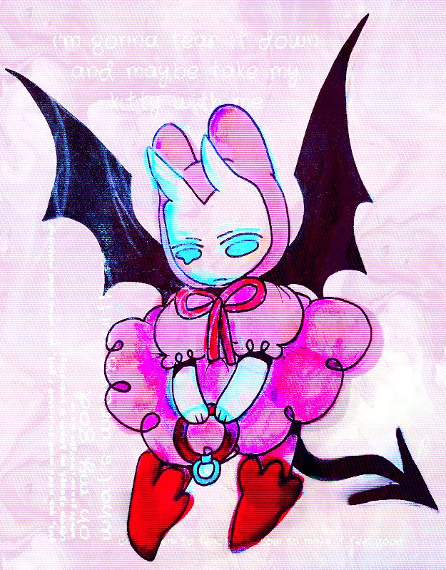 a white cat-devil creature wearing a pink hooded dress with a red neck bow and red boots. it has a black pointed devil tail and wings, and holds a collar in its hands. obscured text in the background reads: 
"i'm gonna tear it down and maybe take my kitty with me
girl, you need some discipline / girl, you need some medicine 
(even though my heart is breaking) 
never gonna straight you up
oh my god, what's wrong with me?
can't seem to teach you how to make it feel good"