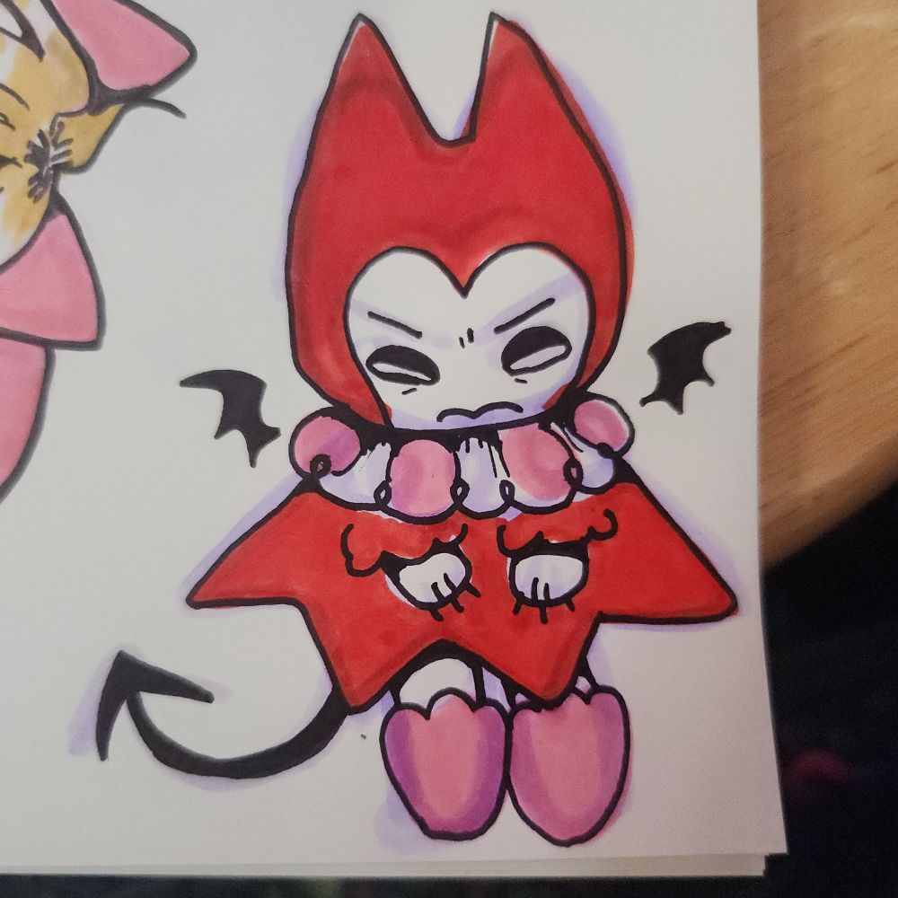 marker drawing of an angry creatute with a devil tail wearing a red hooded shawl with a ruffled collar. 