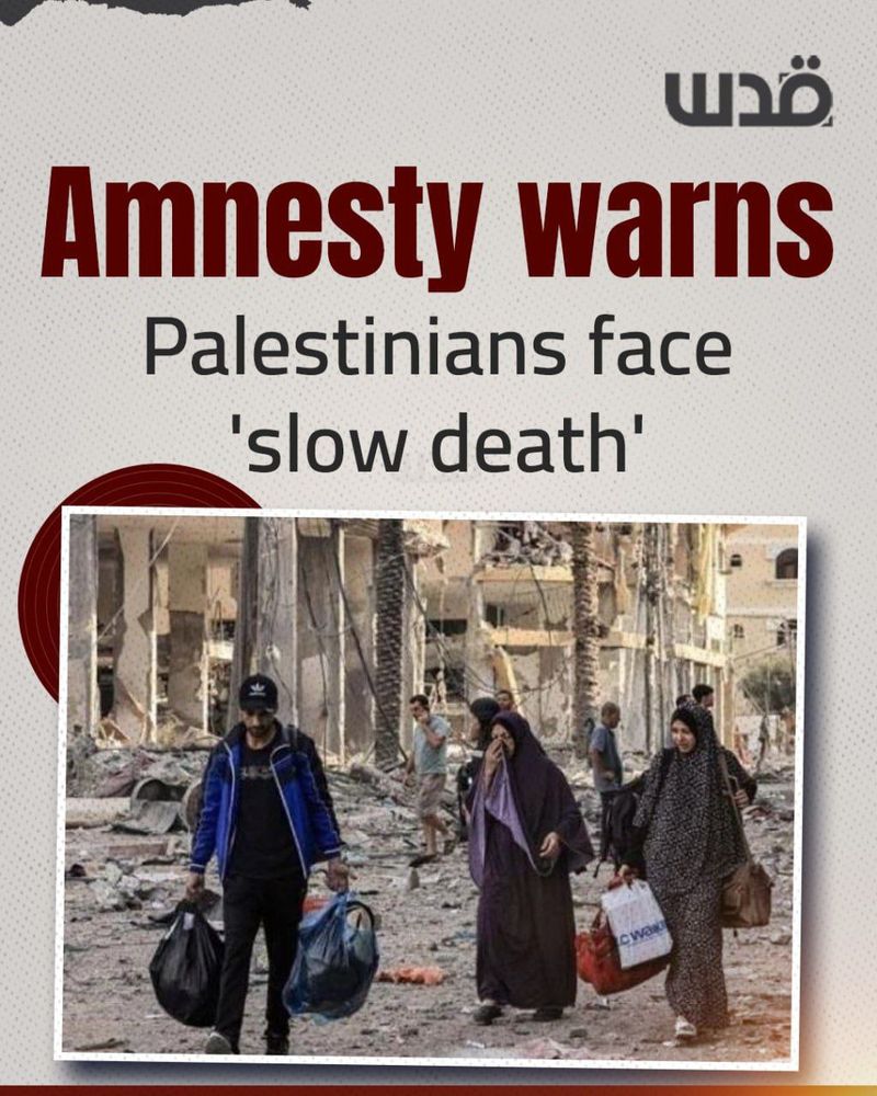 An infographic-style post from Quds News Network features the headline “Amnesty warns Palestinians face ‘slow death’.” Beneath the text is a photograph of a devastated Gaza street filled with rubble, shattered buildings, and broken palm trees. In the foreground, three displaced Palestinians walk across the debris-covered ground: a man carrying two heavy bags and two women in long abayas carrying plastic bags and personal belongings. Their expressions appear exhausted and strained. Behind them, other civilians move cautiously through the ruins. The scene conveys displacement, destruction, and humanitarian collapse.