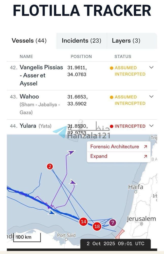 Another flotilla tracker screen with additional ships listed, also showing “assumed intercepted” and “intercepted” statuses, confirming none remain sailing. Timestamp: 2 Oct 2025, 09:01 UTC.
