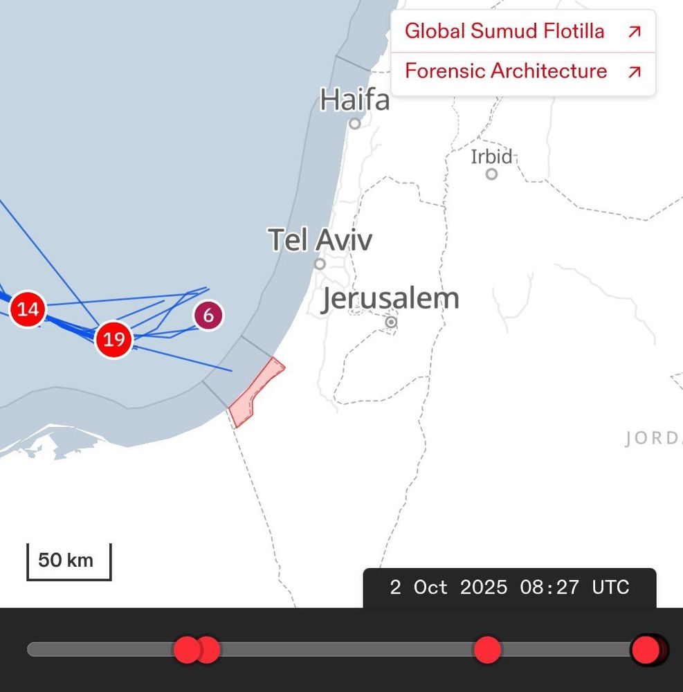 The map highlights the Global Sumud Flotilla, a humanitarian mission sailing toward Gaza.
	•	Red circles with numbers (e.g., 14, 19, 6) mark vessel positions and activity.
	•	The shaded red coastal strip represents the Gaza Strip, under siege.
	•	The blue lines trace ship routes and maneuvers offshore.
	•	Labels point to Tel Aviv, Jerusalem, Haifa, and Irbid (Jordan) for reference.
	•	At the bottom, the timestamp reads: 2 Oct 2025, 08:27 UTC.
	•	The source references Forensic Architecture, which often documents human rights violations using spatial mapping.