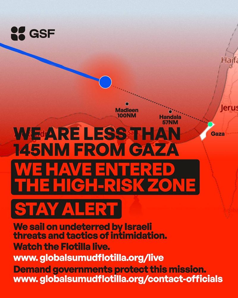 A GSF (Global Solidarity Flotilla) alert poster showing a map of the Mediterranean near Gaza. A blue route line approaches Gaza, with distances marked: “Madleen 100NM” and “Handala 57NM.” A large red shaded zone covers the area, labeled as the high-risk zone.

Text on the poster reads:
“WE ARE LESS THAN 145NM FROM GAZA
WE HAVE ENTERED THE HIGH-RISK ZONE
STAY ALERT”

Additional text:
“We sail on undeterred by Israeli threats and tactics of intimidation.
Watch the Flotilla live: www.globalsumudflotilla.org/live
Demand governments protect this mission: www.globalsumudflotilla.org/contact-officials”