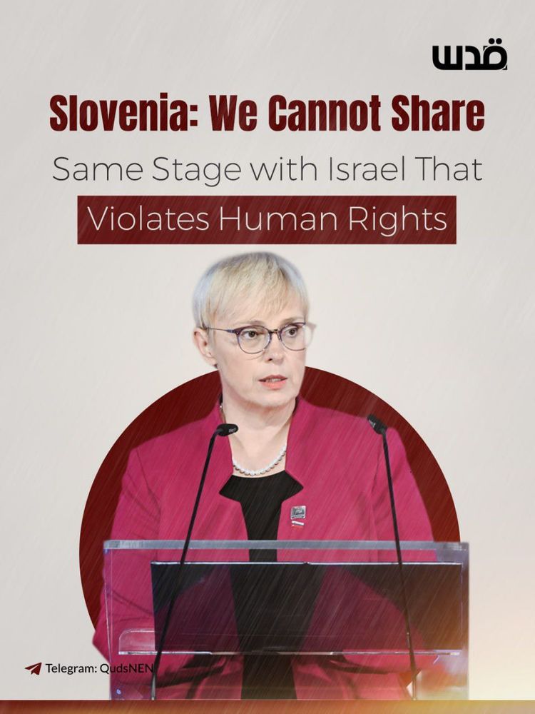 Alt text:
Graphic featuring Natalija Goršak, Chair of the Board of Slovenia’s Radio and Television, standing at a podium and speaking into microphones. Text on the image reads: “Slovenia: We cannot share same stage with Israel that violates human rights,” referencing Gaza, civilian deaths, and ethical responsibility.