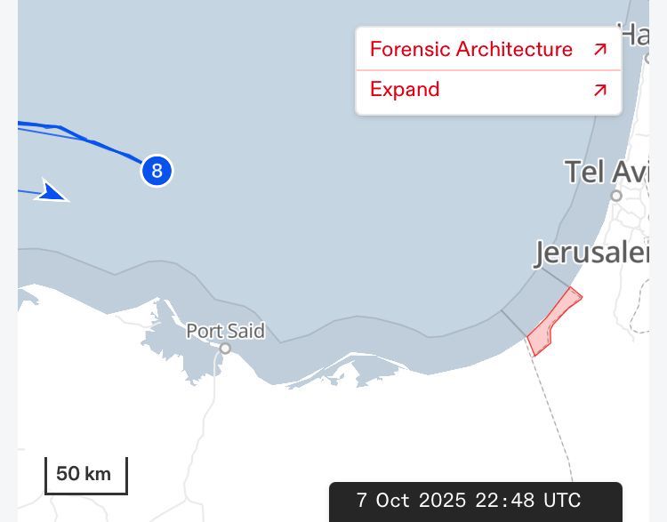 A digital maritime tracking map showing the eastern Mediterranean Sea near Gaza. The flotilla’s route is marked in blue, with a circular waypoint labeled “8” positioned about 140 nautical miles northwest of Gaza. The Gaza coastline is shaded in red, indicating a restricted or high-risk zone.