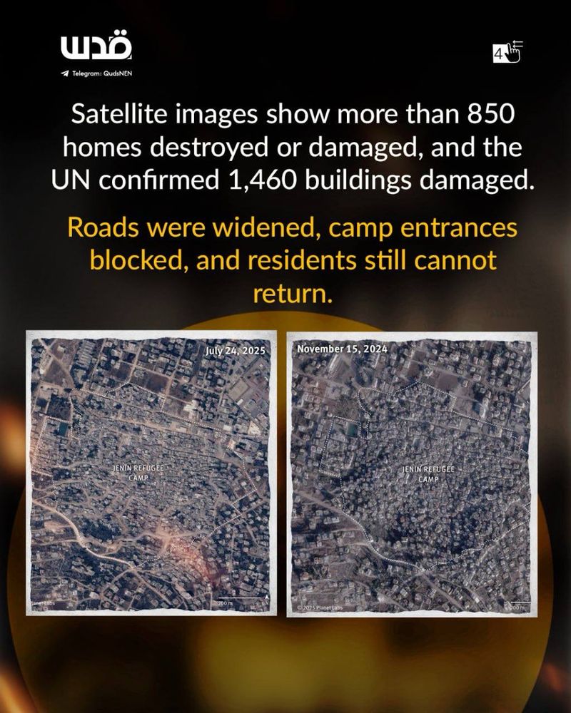 Text reads: “Satellite images show more than 850 homes destroyed or damaged, and the UN confirmed 1,460 buildings damaged. Roads were widened, camp entrances blocked, and residents still cannot return.”
Two satellite images compare Jenin Refugee Camp before and after the destruction.