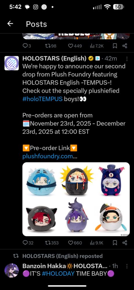 A screenshot of a tweet announcing plushies of Holostars Tempus as their mascots. The plushies look very silly 