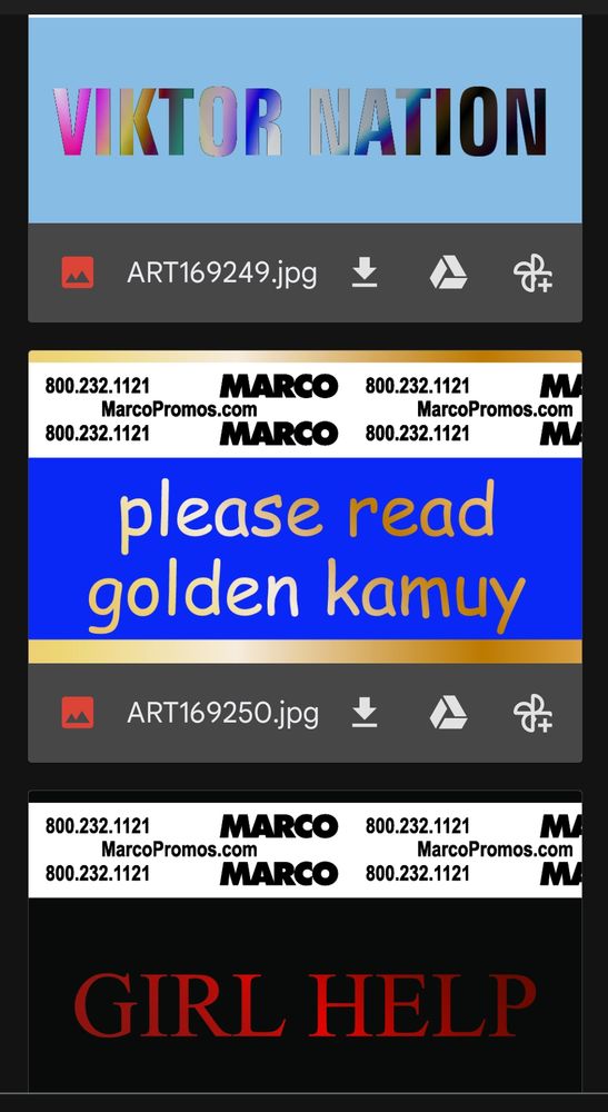 A screenshot of proofs for three different badge ribbons. The first is light blue and says "Viktor Nation" in holographic text.  The second is royal blue and says "please read Golden Kamuy" in gold comic sans. The last one is black and has red text that says "girl help" in red, like the text you'd see in a Soulsborne game.