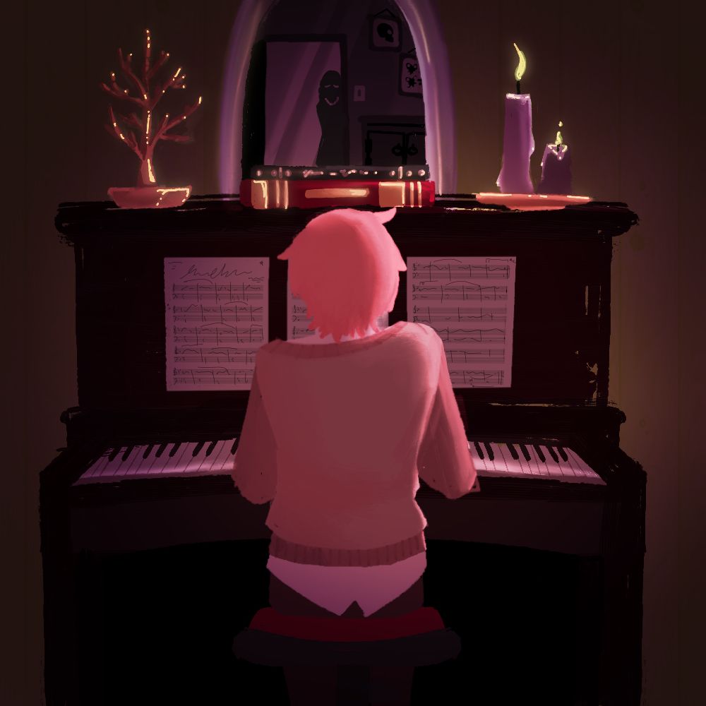 Pink haired man in a sweater playing piano in dim candle lit study, his sire watching from the background.