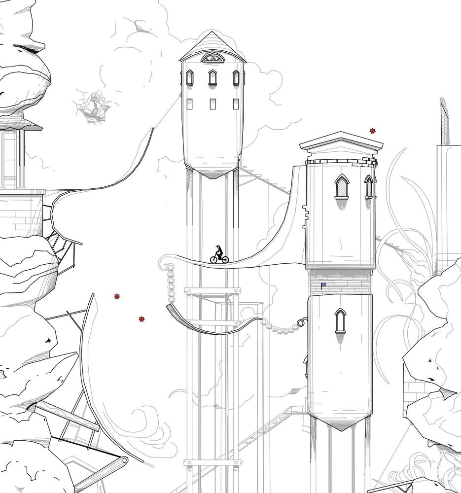 screenshot of a game called free rider - tall vertical cylindrical towers with slim windows, various ramps all around