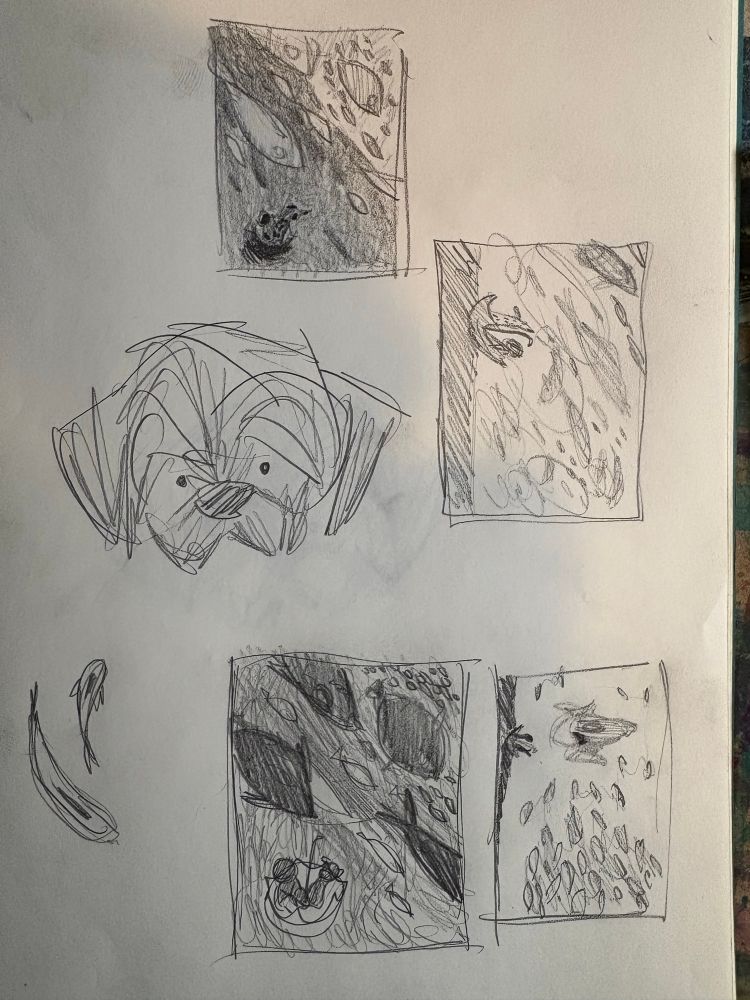 Thumbnail sketches in pencil of the girl, her dog, an umbrella and a school of fish above 