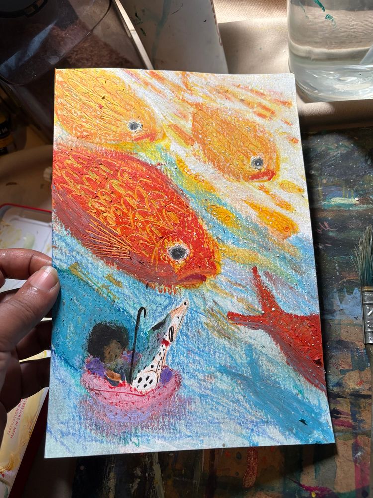 A huge group of fish float above the head of a young girl and her Dalmatian as they travel on the water in an umbrella. 