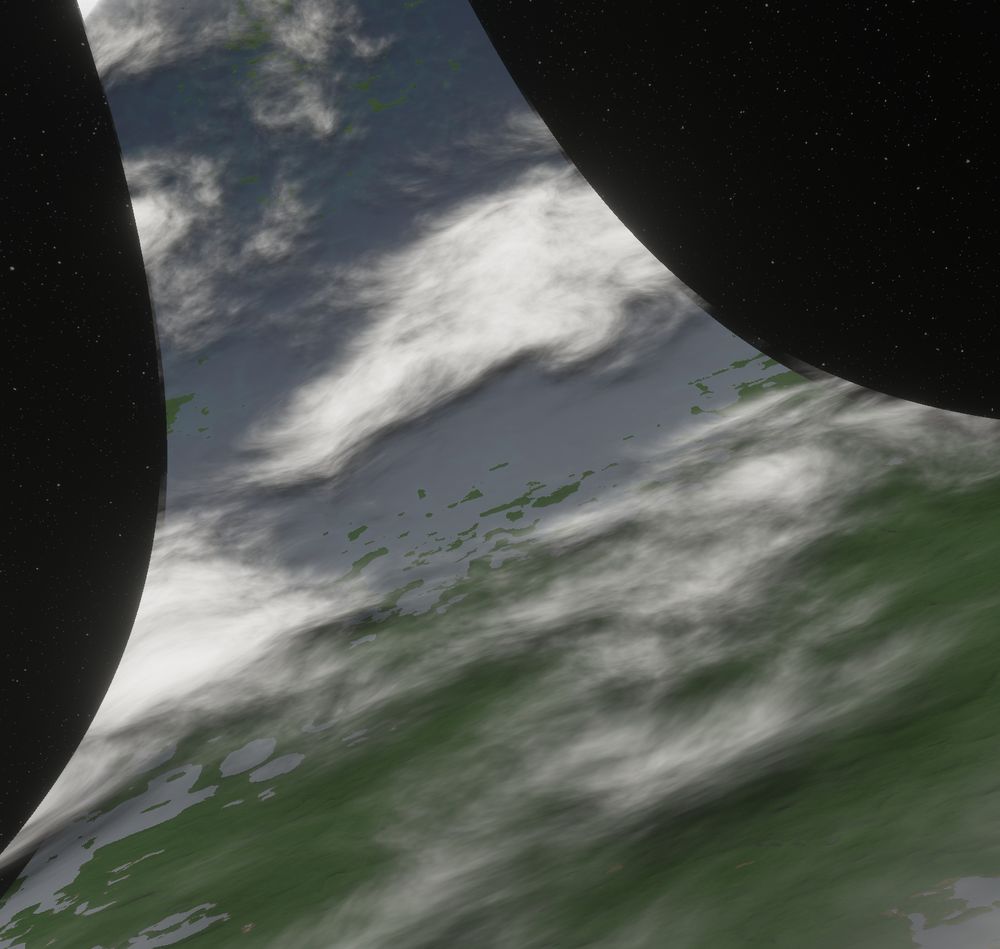 The ring world closer to the ground with it curving away in the distance.