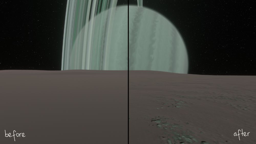 Before and after view of a moon's terrain. The "after" image contains some green rocks spread across the surface.