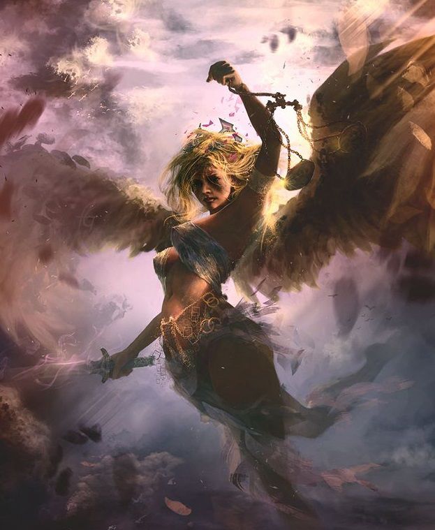 The goddess Nemesis golden and holding a sword surrounded by clouds.