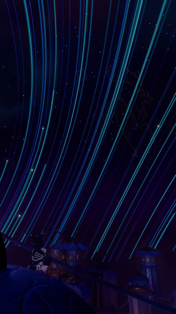 VRChat screenshot of a waggan avatar looking up at orbiting lights in the sky