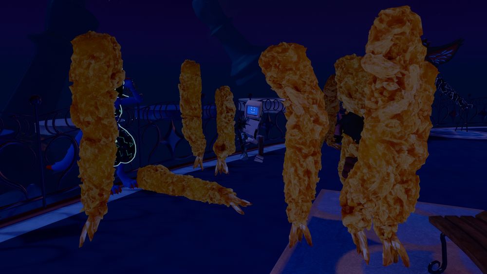 VRChat screenshot of a troupe of fried shrimp