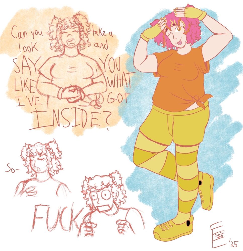 A few drawings of my Pokémon OC Nova based on the animated music video for BIRDBRAIN by Jamie Page w/ OK Glass ft. Kasane Teto. A flat-color illustration features her in an orange-shirted variation on the outfit Teto wears in the video, with one leg up behind the other and both hands on her head in a foolish gesture. One eye is closed and her tongue is stuck out. A sketch depicts her passionately belting out the lyrics "Can you take a look and SAY YOU LIKE WHAT I'VE GOT INSIDE?" The last two sketches depict a moment where she sings "So-" but realizes she started singing too early and swears loudly, adopting a cartoonish angry pose upon doing so.