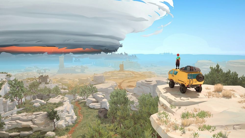 A screenshot of the game Caravan Sandwitch. A red-headed woman standing atop a yellow van looks out over a vista at her planet. A storm surges in the distance. 