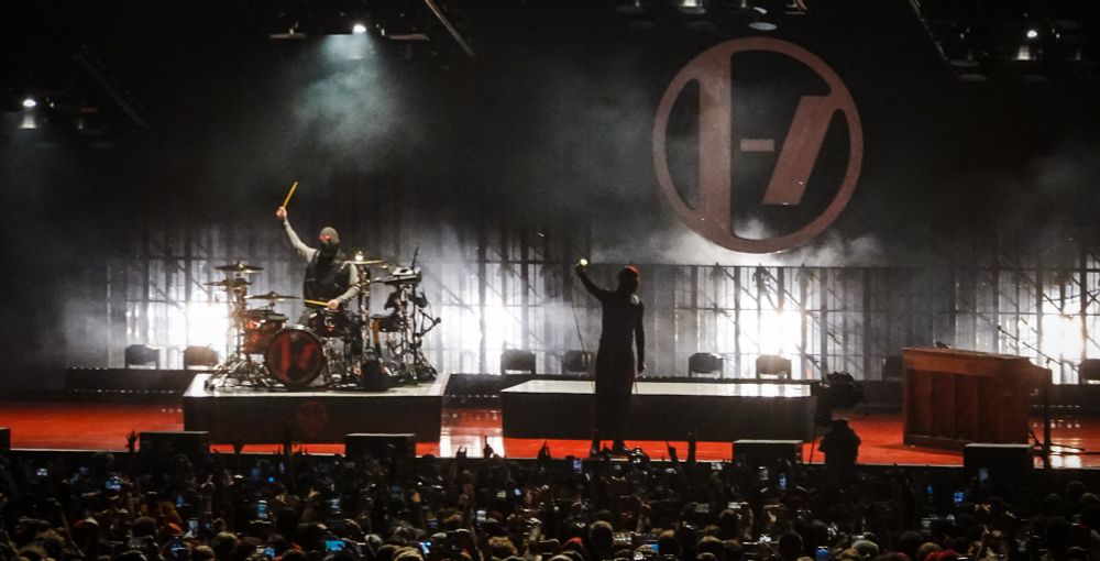 View from the amphitheater lawn. During the beginning of the set - Josh is wearing his hood and Tyler has his kitty mask on. 