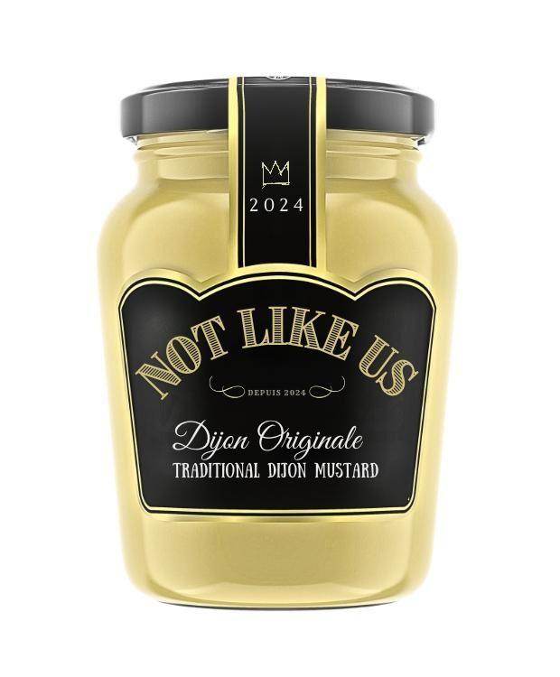 Pot of Maille Dijon Mustard edited to show "Not Like Us"