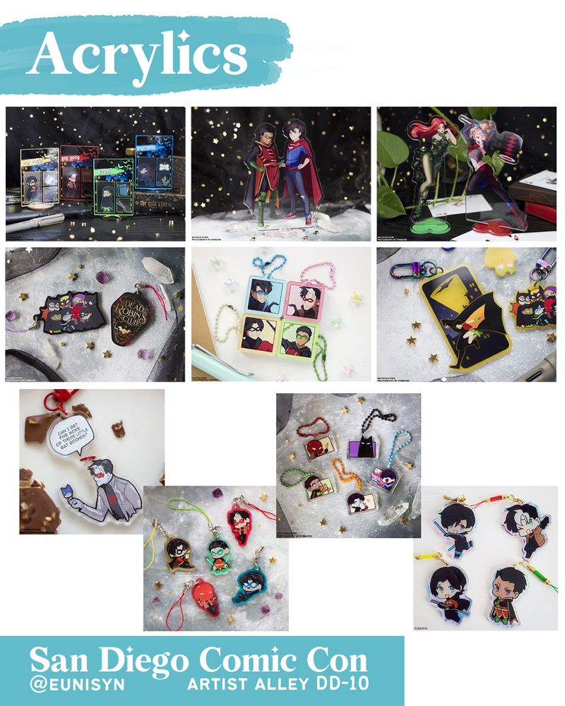 A collage of images showcasing what I will have at SDCC. All of it are images of the Robins from Batman looking cool. (These are acrylic items)
