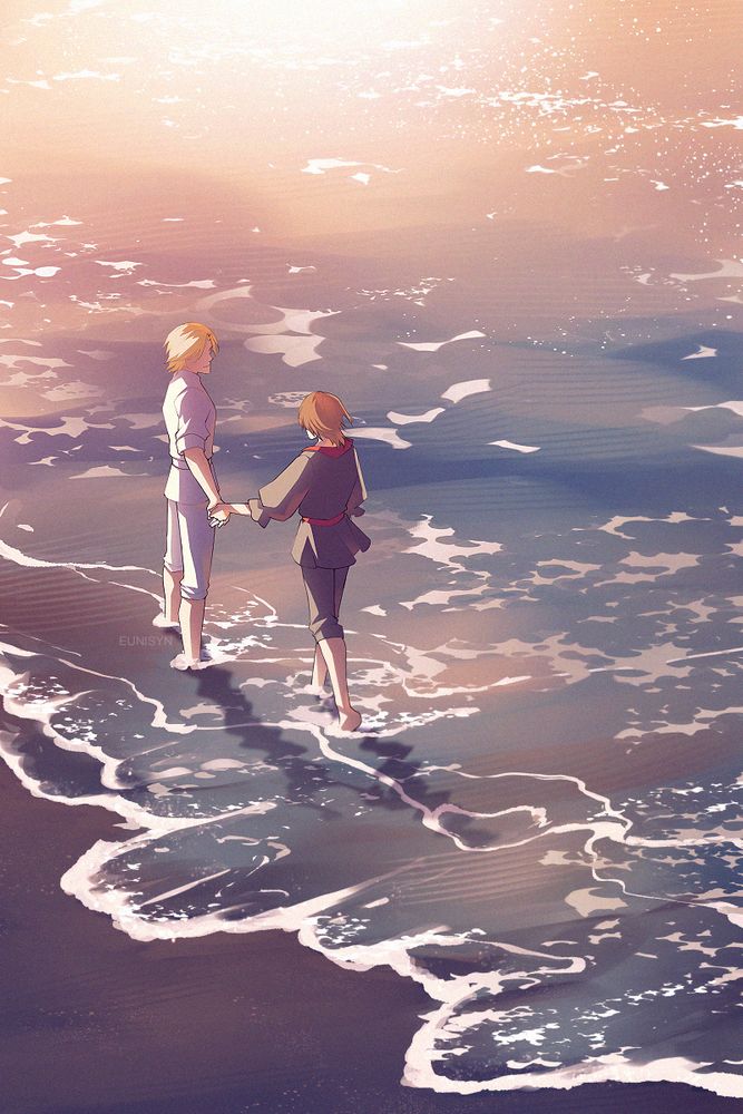 Dion Lesage and Joshua Rosfield from Final Fantasy 16 / Final Fantasy XVI holding hands and walking on a dreamy sunset beach.