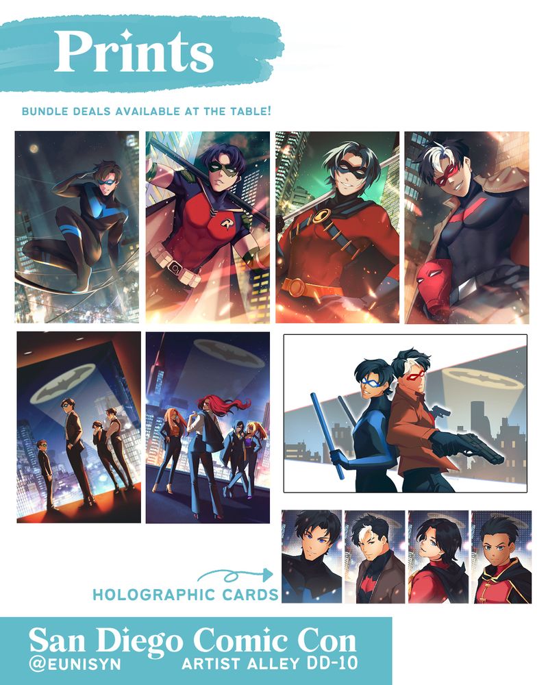A collage of images showcasing what I will have at SDCC. All of it are images of the Robins from Batman looking cool. 