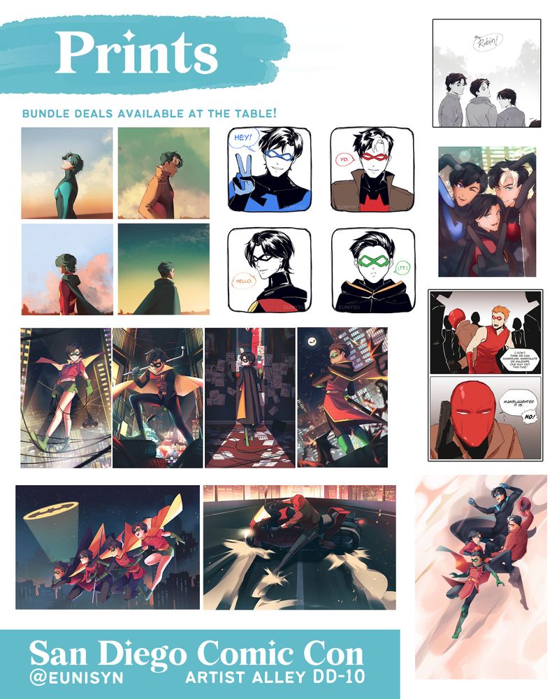 A collage of images showcasing what I will have at SDCC. All of it are images of the Robins from Batman looking cool. 
