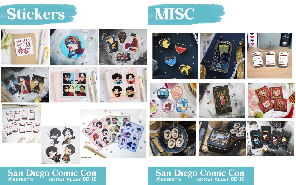 A collage of images showcasing what I will have at SDCC. All of it are images of the Robins from Batman looking cool. 