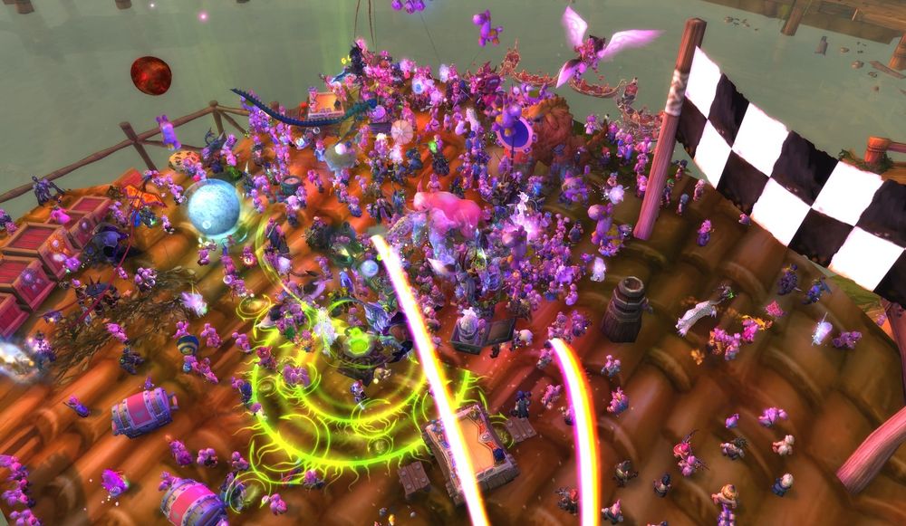 Lots of gnomes in pink at the finish line of race standing on a platform next to a black and white checkered banner.