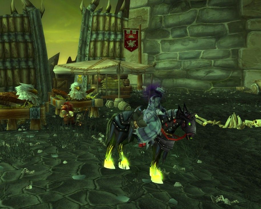 Player sits on an older version of the mount, a horse with slightly less glowing green emanating from its hooves and eyes.