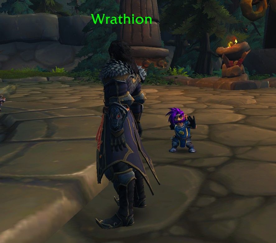 A gnome with purple spikey hair dances at a "perilously handsome" fellow that is much taller than he is named Wrathion
