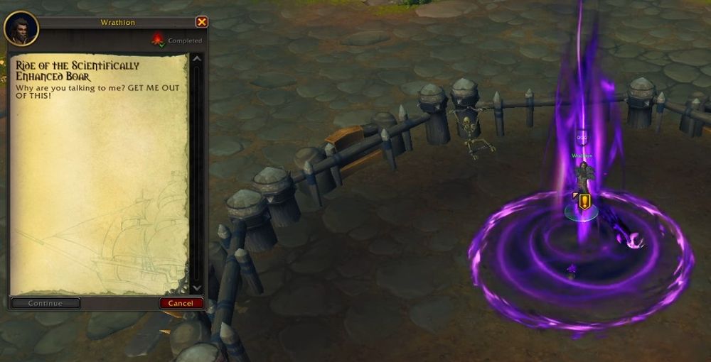 Player rescuing Wrathion from Ogres who are using a swirly purple void-type magic on him in an attempt to dominate Kalecgos. If you talk to him before rescuing him, he yells, "Why are you talking to me? GET ME OUT OF THIS!"