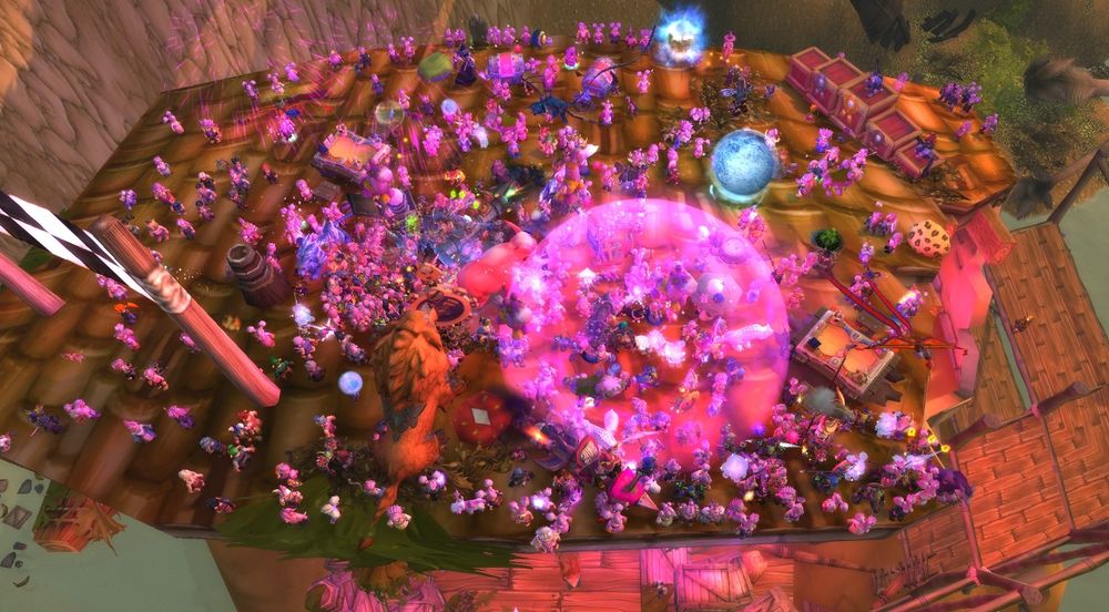 Another view of lots of gnomes in pink at the finish line of race standing on a platform. A large orb-like shield of pink arcane energy covers part of the platform.