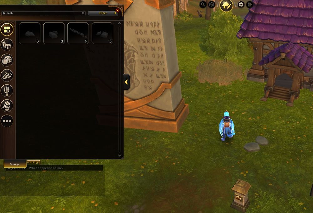 Player housing design menu open to place items outside the house. Various types and amount of cobblestones appear to be available, but are darkened to indicate they can't be placed. On the ground in front of the house there are two cobblestones of different sizes. It appears that is all that can be placed.